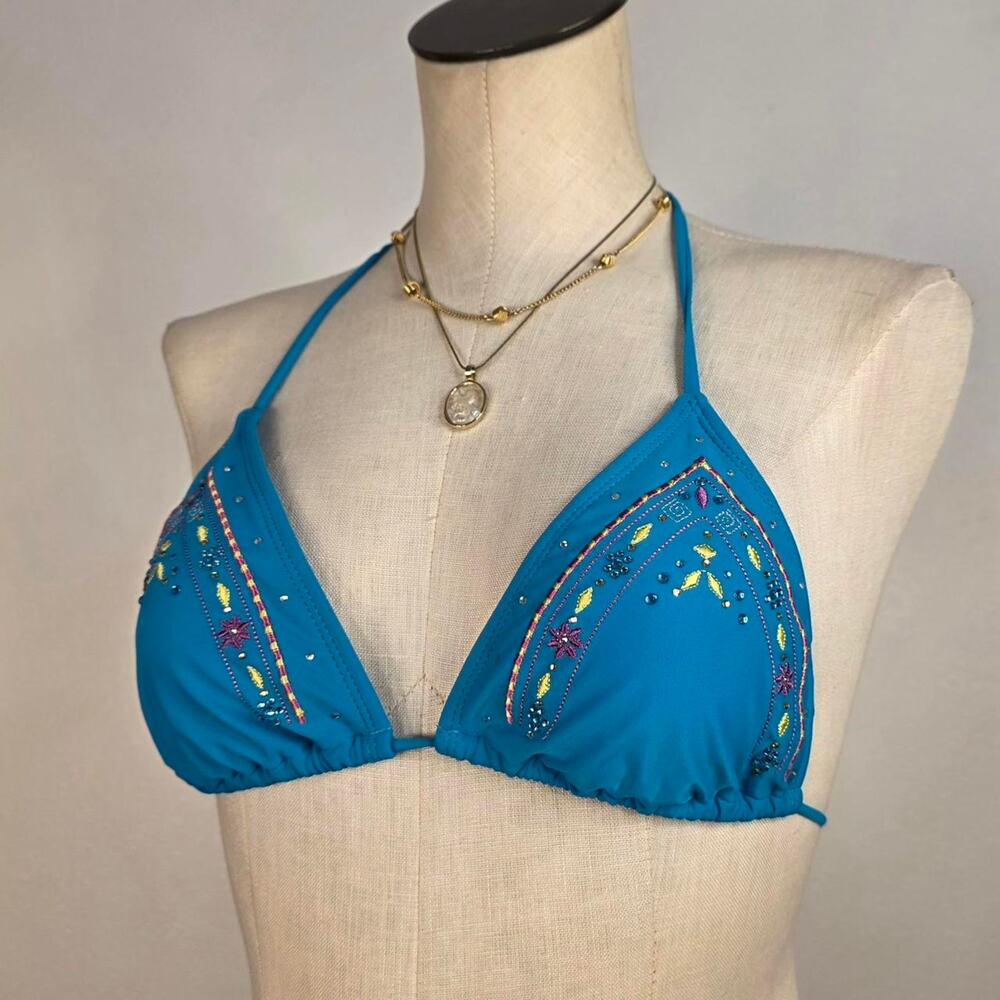 Y2k Tie Triangle Bikini Top Embroidery Rhinestones Teal Size Medium Festival